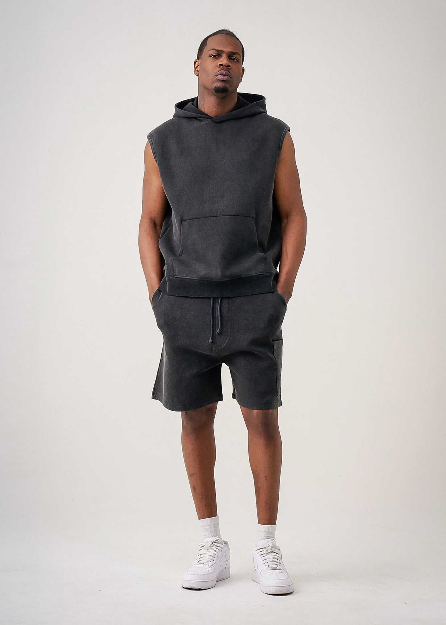 14 OZ Sleeveless Garment Dye Interlock Hooded Short Set