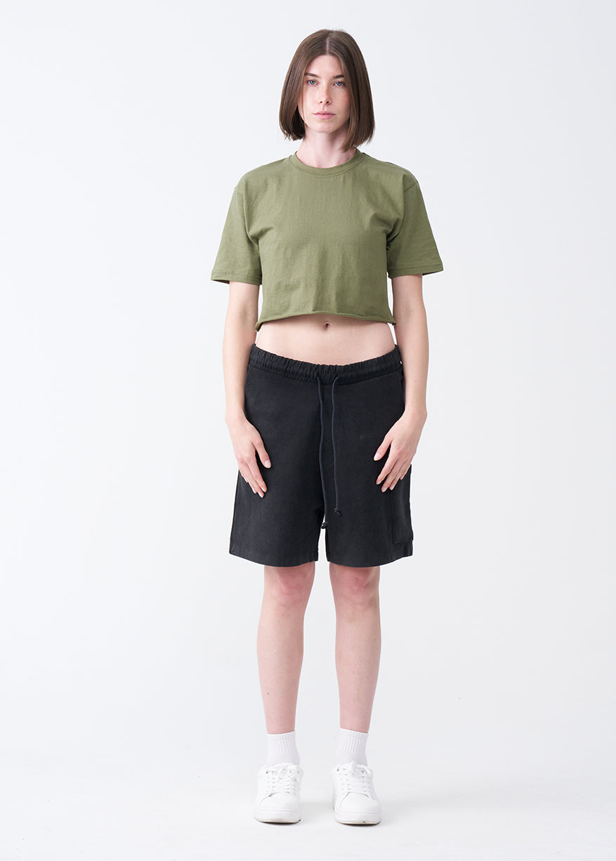 Olive Green Combed Cotton Crop Top T-Shirt