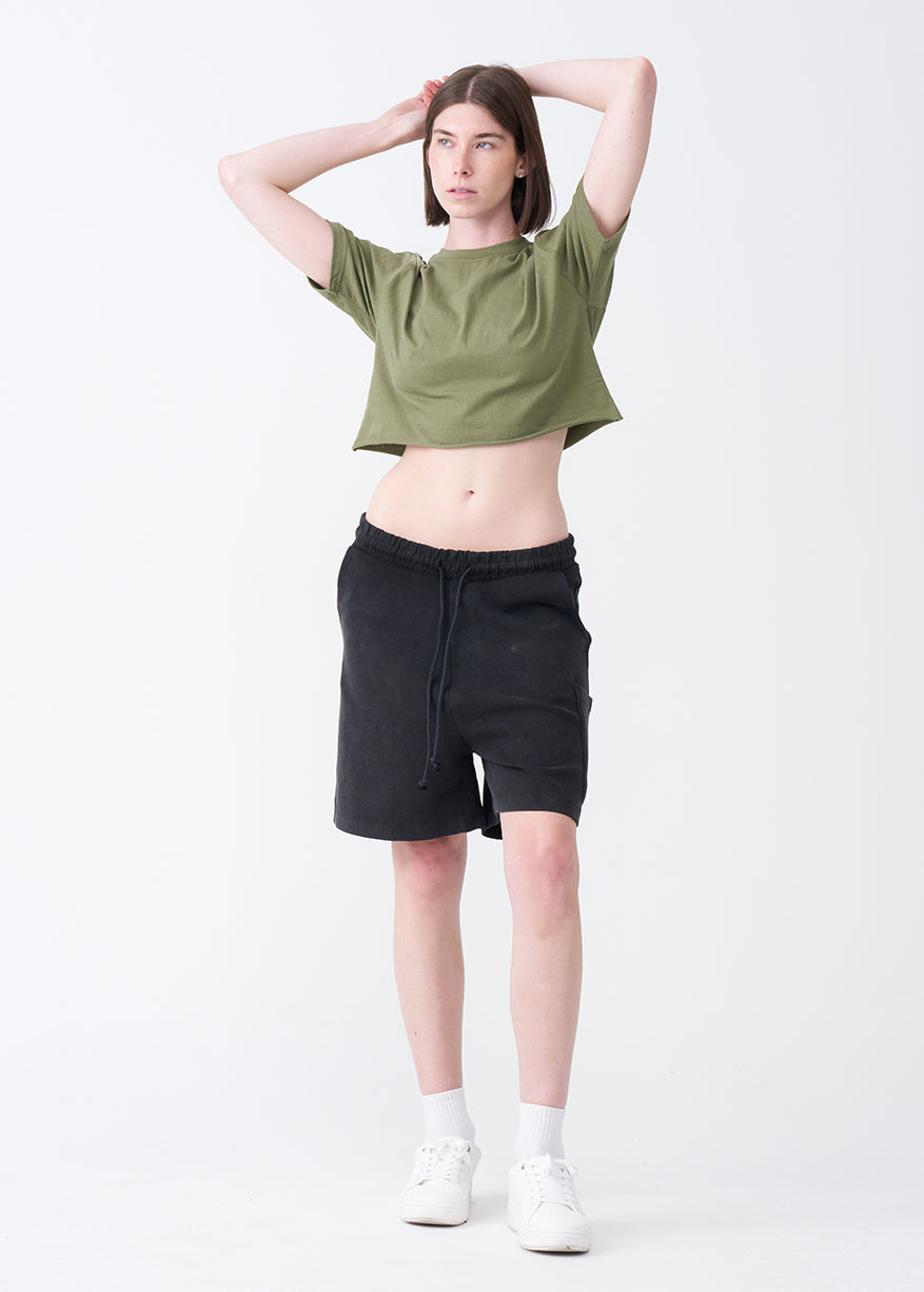 Olive Green Combed Cotton Crop Top T-Shirt