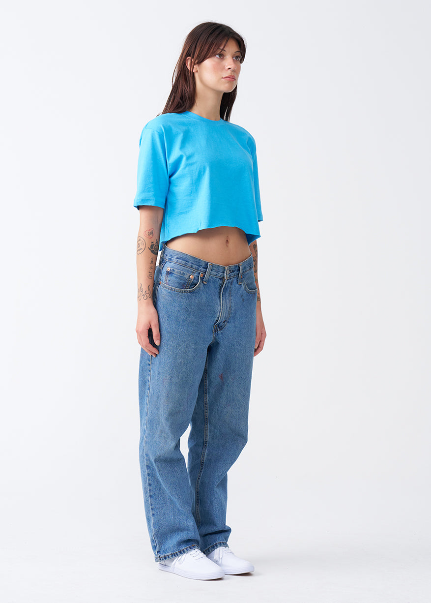 Sky Blue Combed Cotton Crop Top T-Shirt