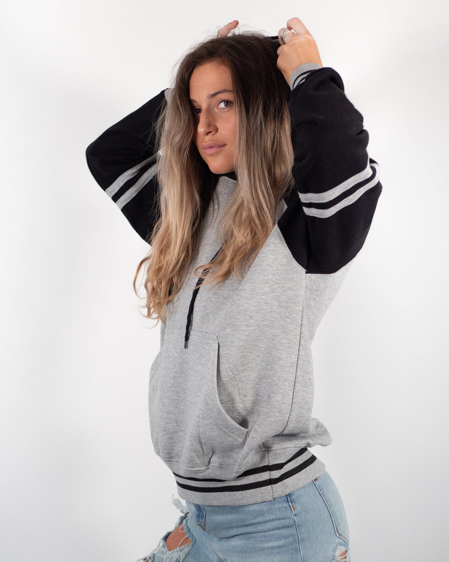 Gray Striped Heavy Blend Fleece Hooded SweatShirt